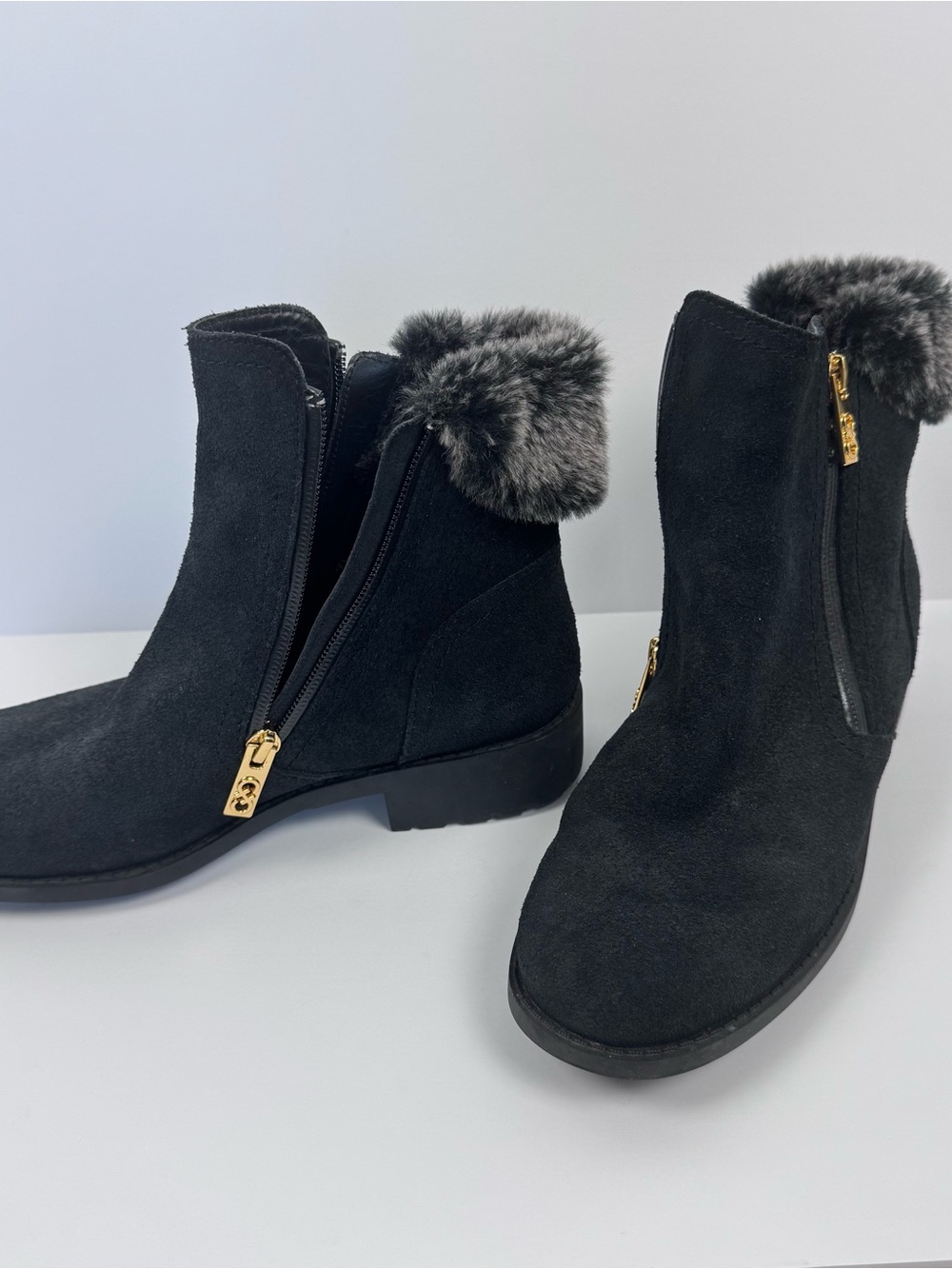 Cole Haan Black Faux-Fur Trim Zip Ankle Boots